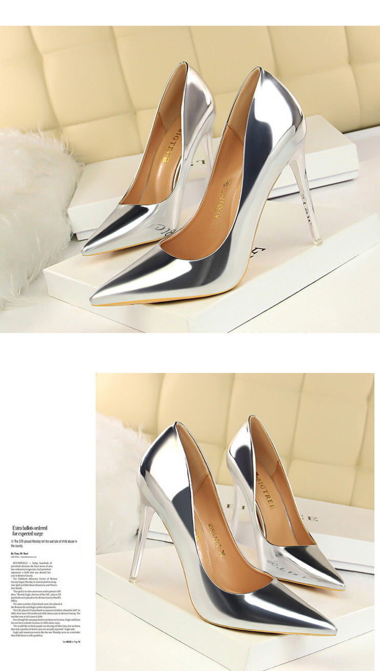 9511-7 European and American Style Fashionable Metal Heel High Heels Women's Shoes High Heel Low-Cut Pointed Toe Sexy Nightclubs Thinner Pumps