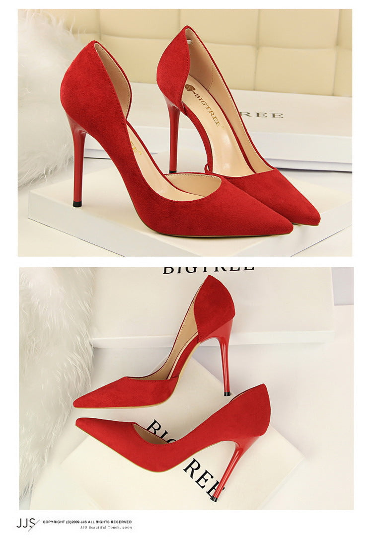 8918-2 European and American Style Simple Stiletto Ultra High Heel Suede Shallow Pointed Toe Sexy Nightclub Slimming Side Hollow Single Shoes