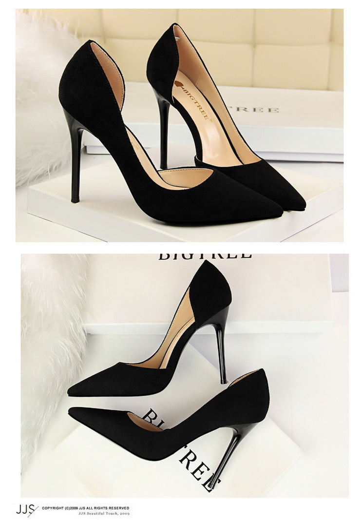 8918-2 European and American Style Simple Stiletto Ultra High Heel Suede Shallow Pointed Toe Sexy Nightclub Slimming Side Hollow Single Shoes