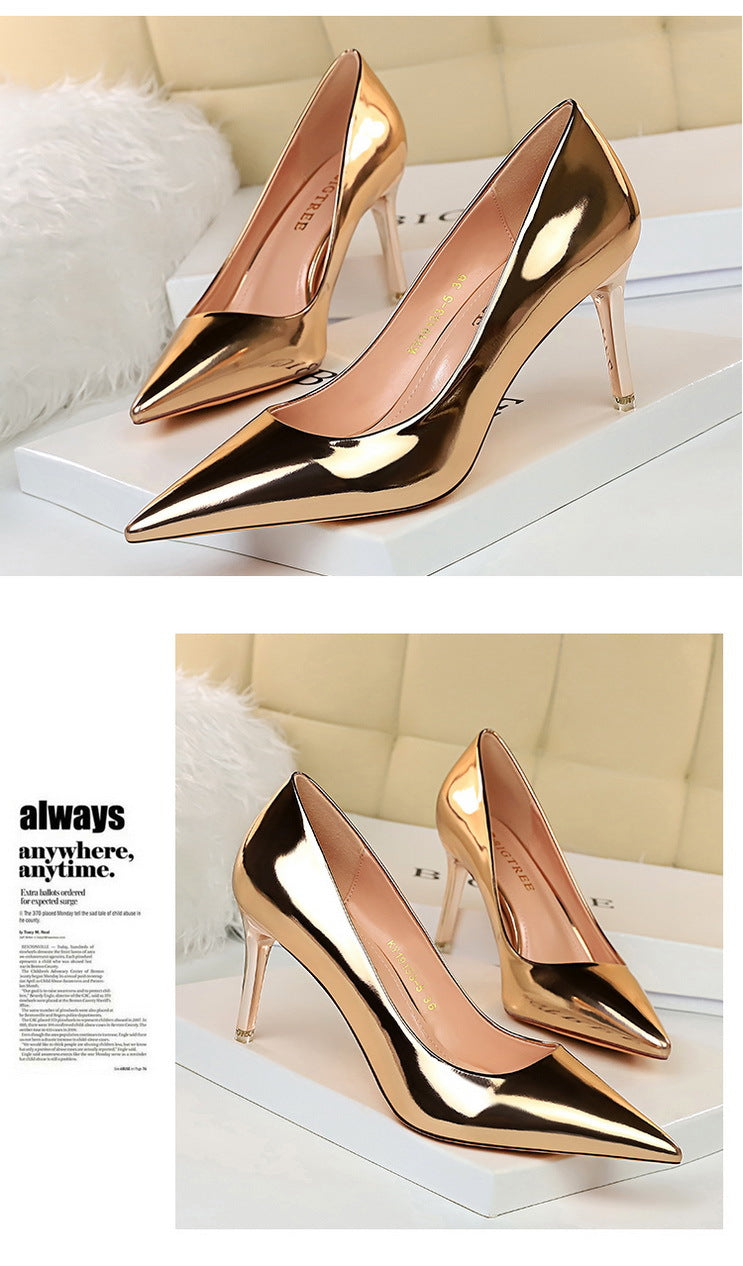 9511-A7 European and American Fashion Sexy Metal Heel High Heel Shallow Pointed Toe Nightclub Slimming High Heels Women's Shoes Single Shoes