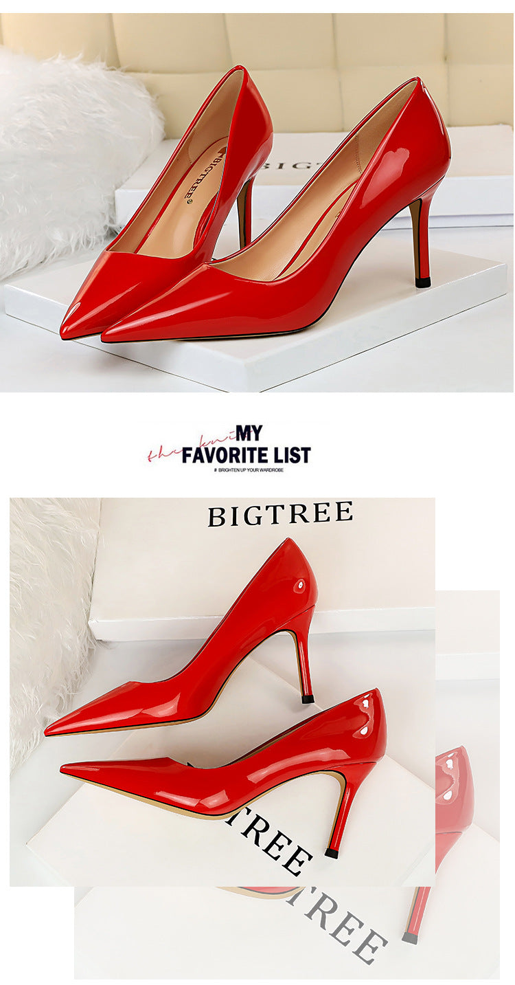 272-2 European and American Simple High Heels Shiny Patent Leather Shallow Pointed Toe Sexy Slimming Professional OL High Heels Women's Single Shoes