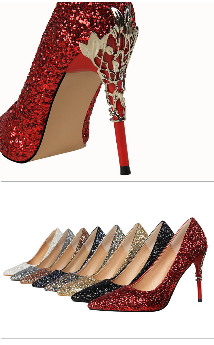 9219-12 European and American Style Fashion Sexy Nightclub Women's Shoes Metal Heel Stiletto High Heel Shallow Pointed Toe Sequin Pumps